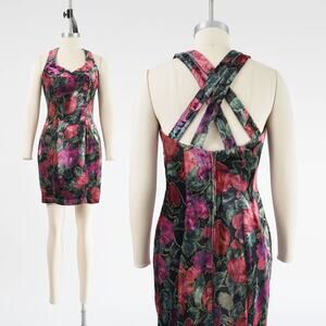 Vintage 90s Floral Velvet Criss Cross Strap Party Cocktail Fitted Mini Dress S
